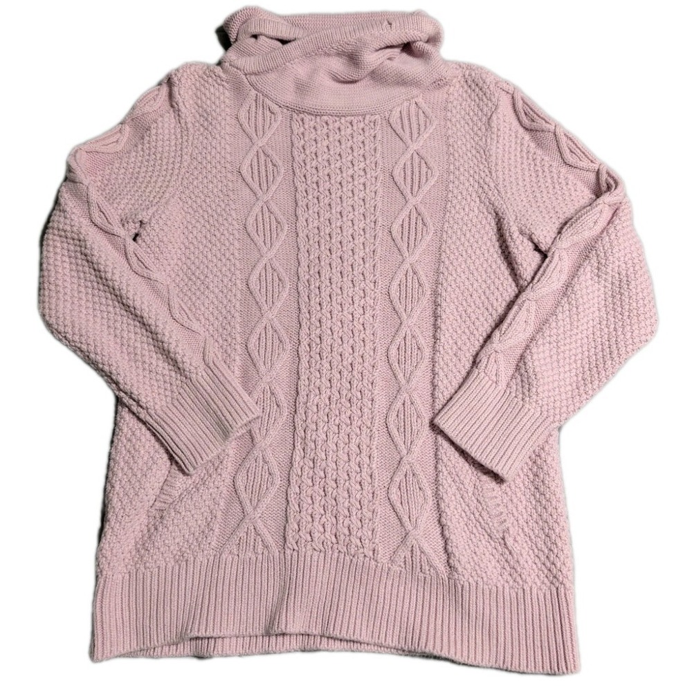 LL Bean Signature Cable Knit Funnelneck‎ Sweater Womens M Pink Kangaroo Pocket